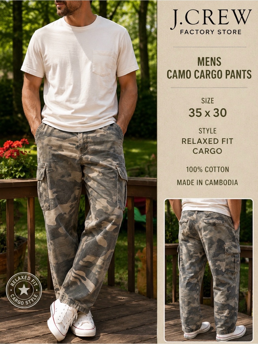 J. Crew Men's Brown Green Desert Camo Cargo Pants Loose Size 35 X 30
